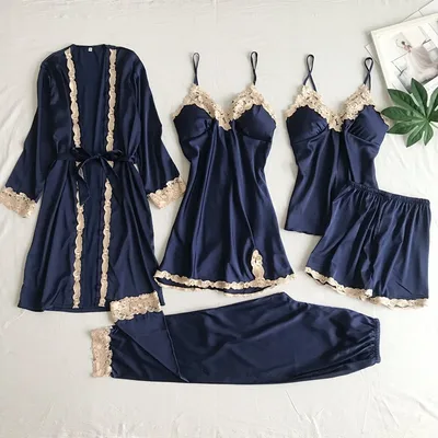 Women's Imitated Silk Pajamas Underwear Five piece Sling Navy Blue - Shop at LoveMi
