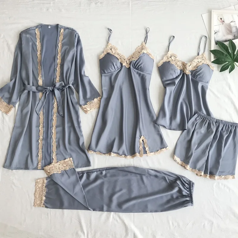 Women's Imitated Silk Pajamas Underwear Five-piece Sling - Silver - View 1