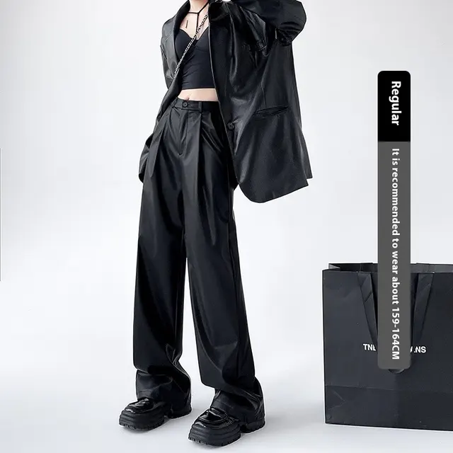 Personalized Fashion Narrow Straight Slim PU Suit Leather Pants Black Regular Style - Shop at LoveMi