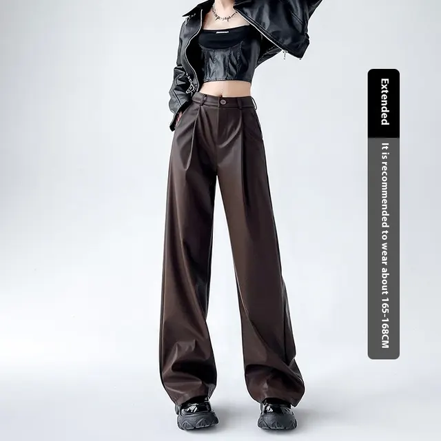 Personalized Fashion Narrow Straight Slim PU Suit Leather Pants Brown Lengthened - Shop at LoveMi