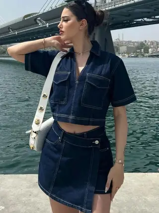 Summer V-neck Short-sleeved Top Summer Women's High Waist Irregular - Dark Blue