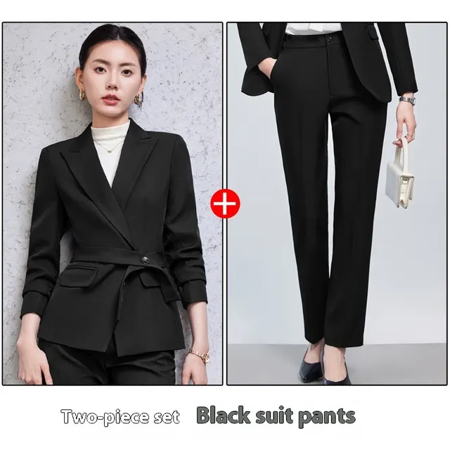 Long Sleeve Small Suit Collar Coat Women's Shirt Pants Suit Black Suit Pants - Shop at LoveMi