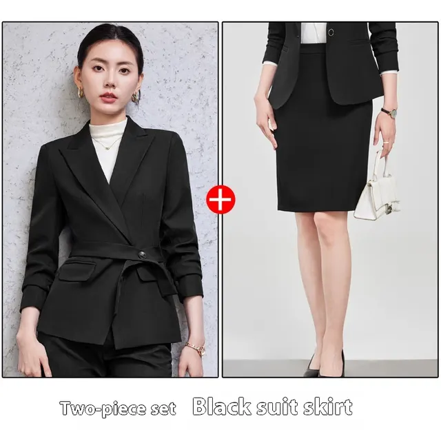 Long Sleeve Small Suit Collar Coat Women's Shirt Pants Suit Black Suit Skirt - Shop at LoveMi