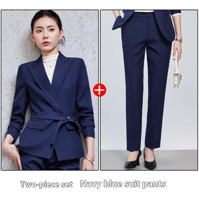 Long Sleeve Small Suit Collar Coat Women's Shirt Pants Suit Blue Suit Pants - Shop at LoveMi