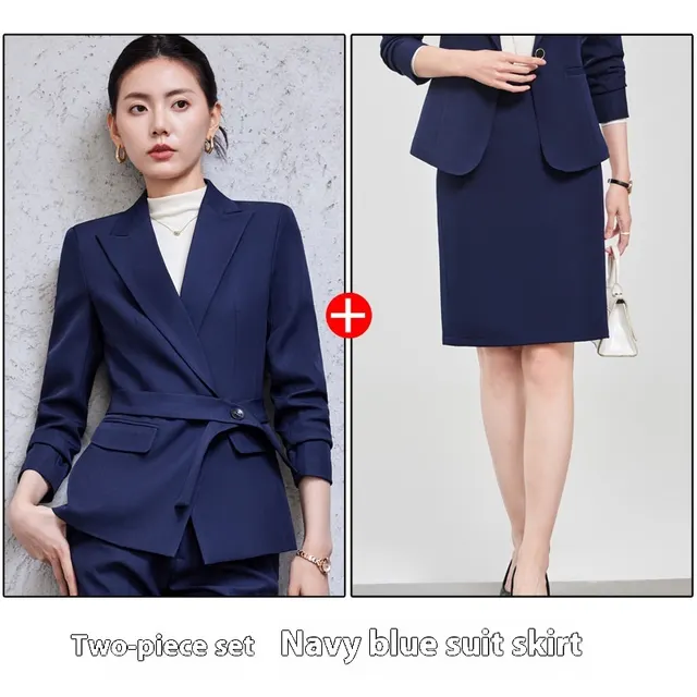 Long Sleeve Small Suit Collar Coat Women's Shirt Pants Suit Blue Suit Skirt - Shop at LoveMi