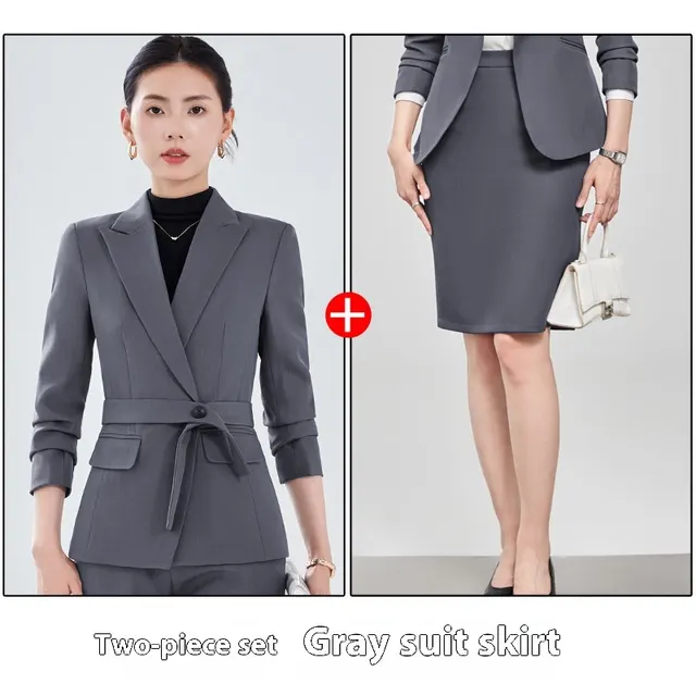 Long Sleeve Small Suit Collar Coat Women's Shirt Pants Suit Gray Suit Skirt - Shop at LoveMi