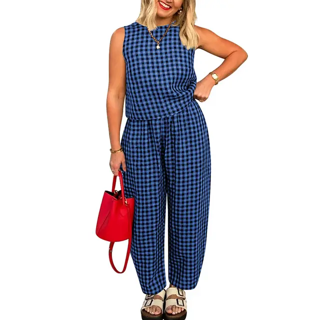 Printed Plaid Loose Casual Sleeveless Vest Pants Suit Blue - Shop at LoveMi
