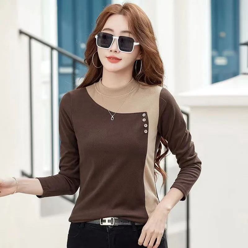 Fleece lined Korean Style Slimming Bottoming Shirt Autumn And Winter Brown - Shop at LoveMi