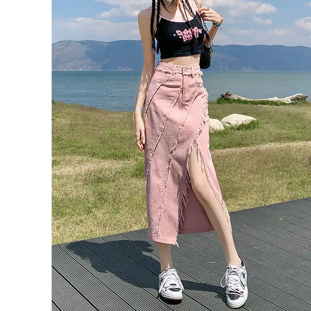 High Waist Slimming Mid length A Line Sheath Split Skirt Dirty Pink - Shop at LoveMi