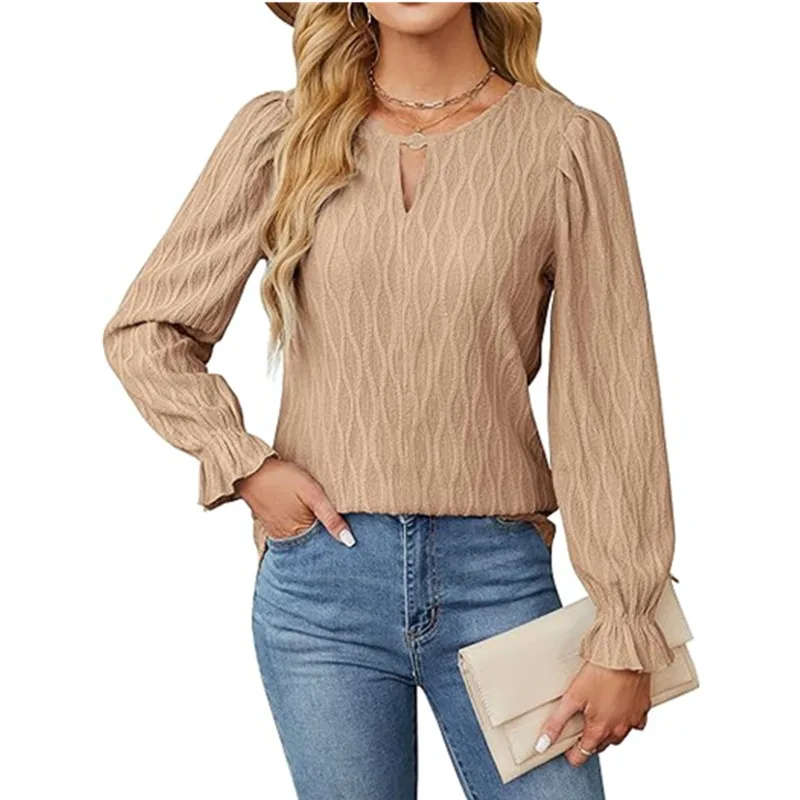 Jacquard Round Neck Long Sleeve Top Women's Clothing - Khaki - View 1