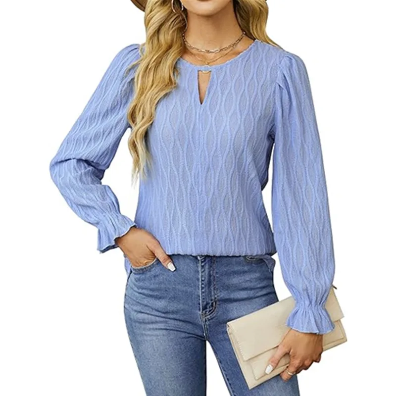 Jacquard Round Neck Long Sleeve Top Women's Clothing - Light Blue - View 1