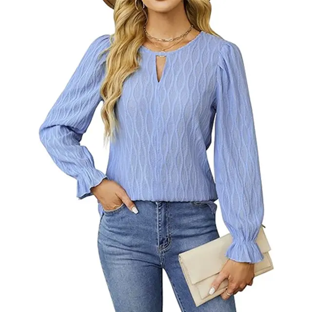 Jacquard Round Neck Long Sleeve Top Women's Clothing Light Blue - Shop at LoveMi