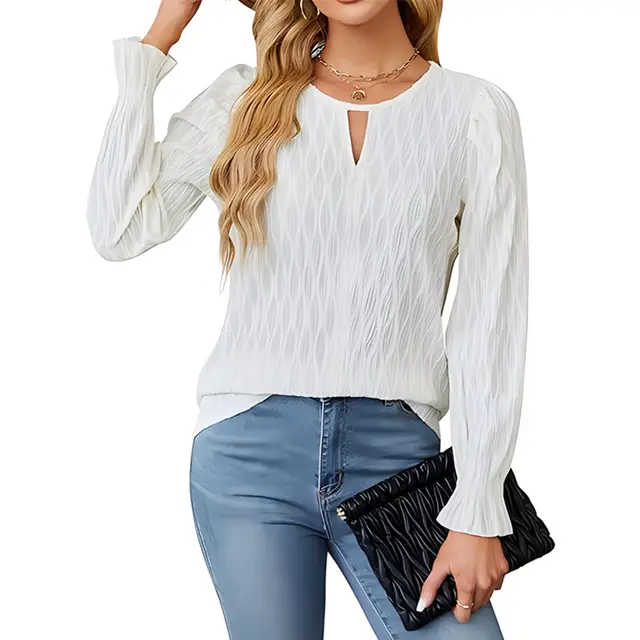 Jacquard Round Neck Long Sleeve Top Women's Clothing White - Shop at LoveMi