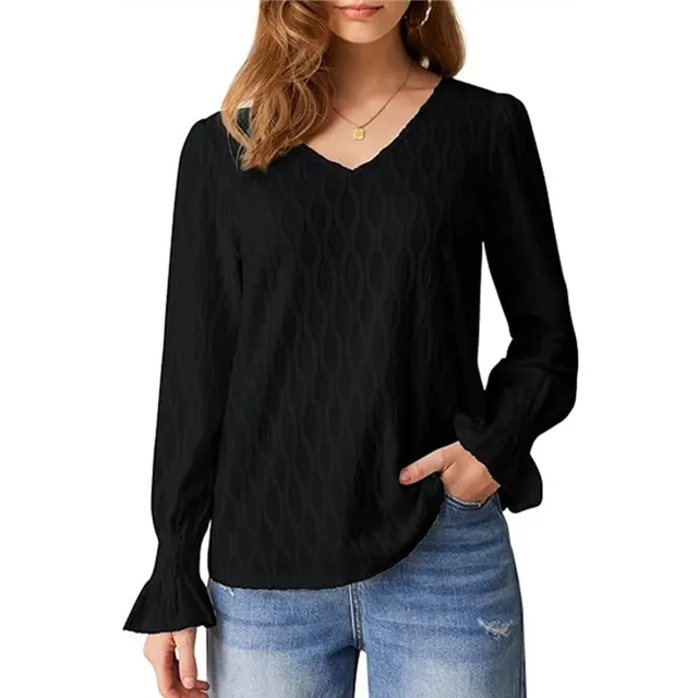Fashion V neck Long Sleeve Smocking T shirt Top Women's Clothing Black - Shop at LoveMi