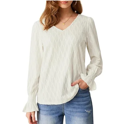 Fashion V neck Long Sleeve Smocking T shirt Top Women's Clothing White - Shop at LoveMi