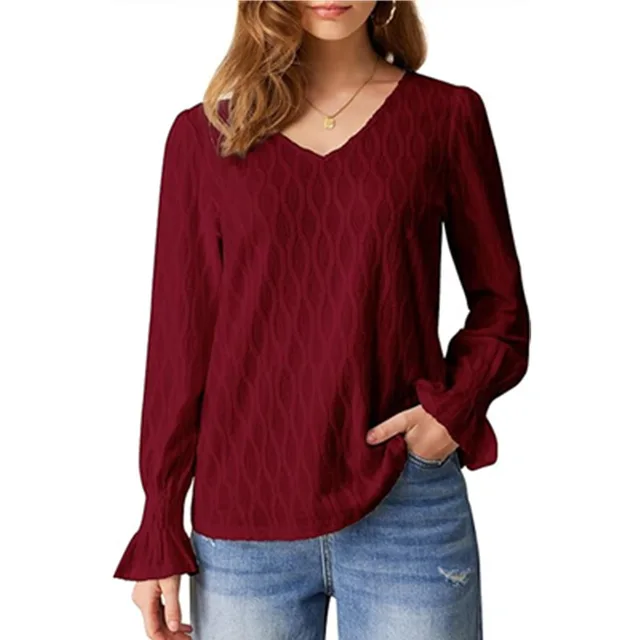 Fashion V neck Long Sleeve Smocking T shirt Top Women's Clothing Wine Red - Shop at LoveMi