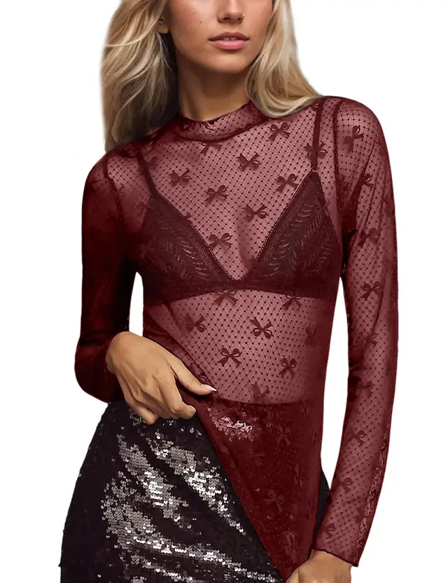 See through Lace Top Mesh Multi color Wine Red - Shop at LoveMi