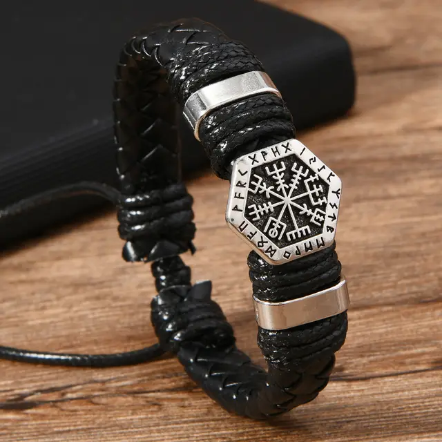 Retro Personality Trendy Oracle Compass Pu Leather Pull out Men's And Women's Bracelet Black - Shop at LoveMi