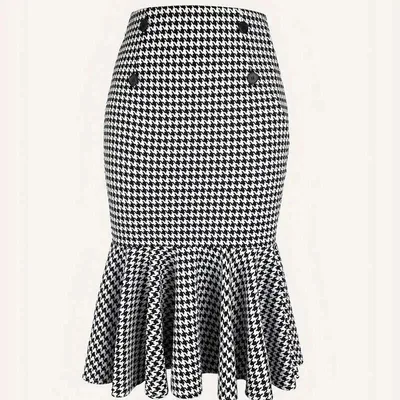 Elegant Commuter Houndstooth Stretch Hip Skirt Black And White Plaid - Shop at LoveMi