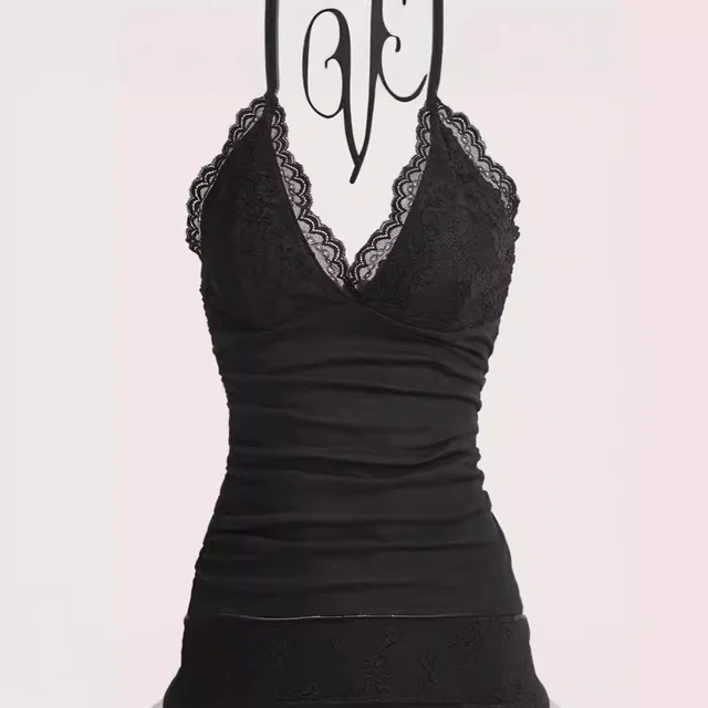 Lace Black Camisole Halterneck Vest Sexy Backless All match Black - Shop at LoveMi