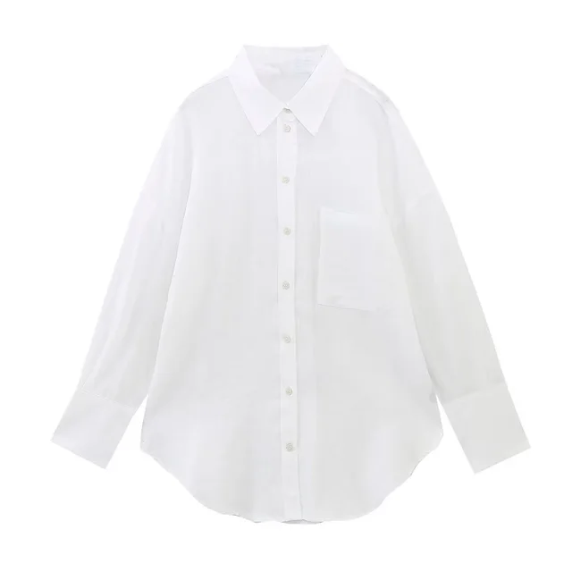 Women's Fashion Long Linen Sleeves Lapel Shirt White - Shop at LoveMi