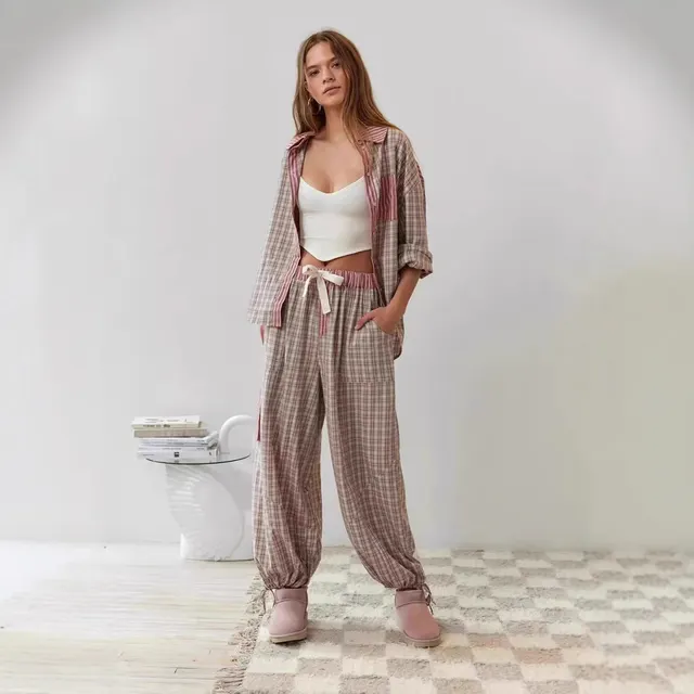 Women's Dressing Gown Plaid Shirt Outfit Pink - Shop at LoveMi