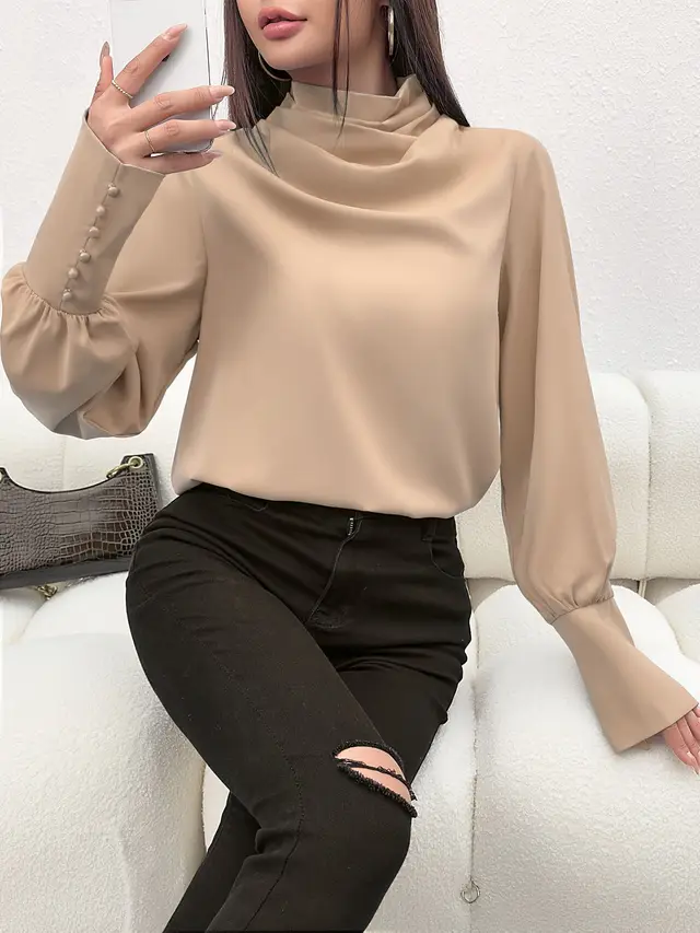Women's Fashion Personality Shirt Turtleneck Top Khaki - Shop at LoveMi