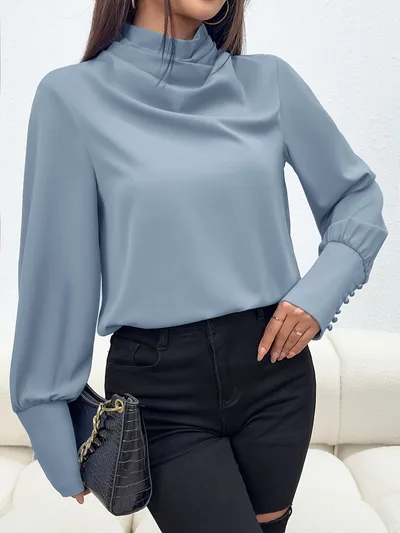 Women's Fashion Personality Shirt Turtleneck Top Light Blue - Shop at LoveMi