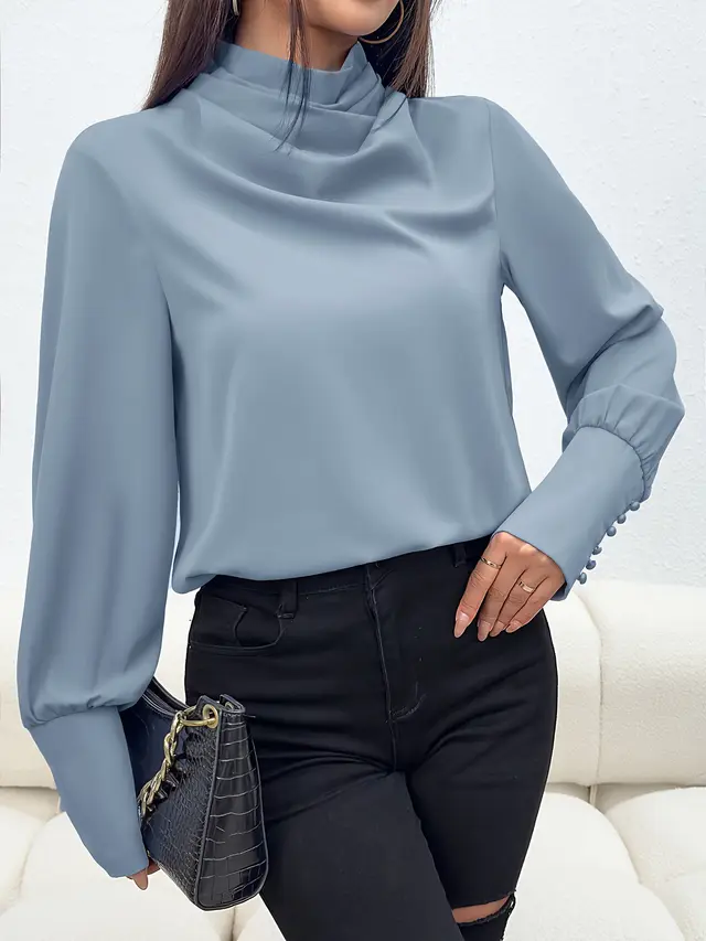 Women's Fashion Personality Shirt Turtleneck Top Light Blue - Shop at LoveMi