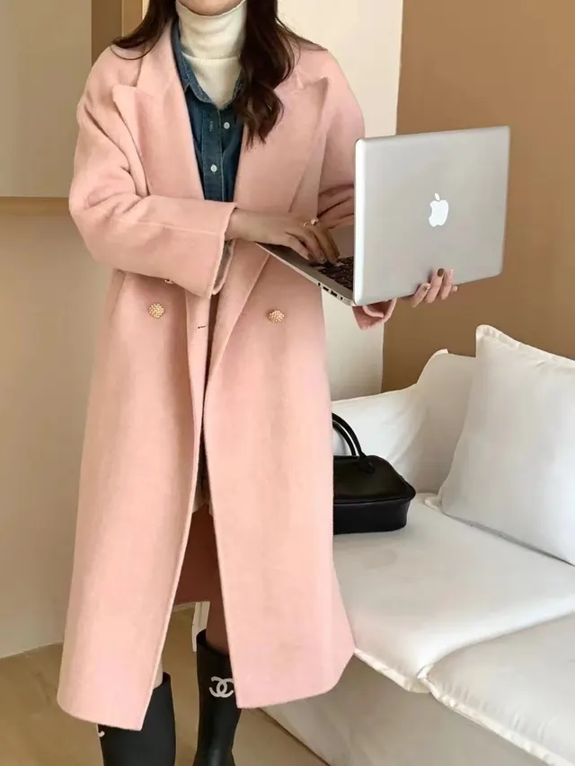 Lapel Loose Over Knee Wool Coat Pink - Shop at LoveMi