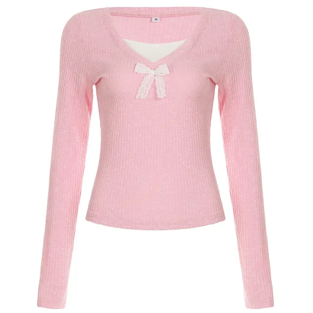 Lace Bow Color Contrast Patchwork Fake Two piece Long sleeved Top Pink - Shop at LoveMi