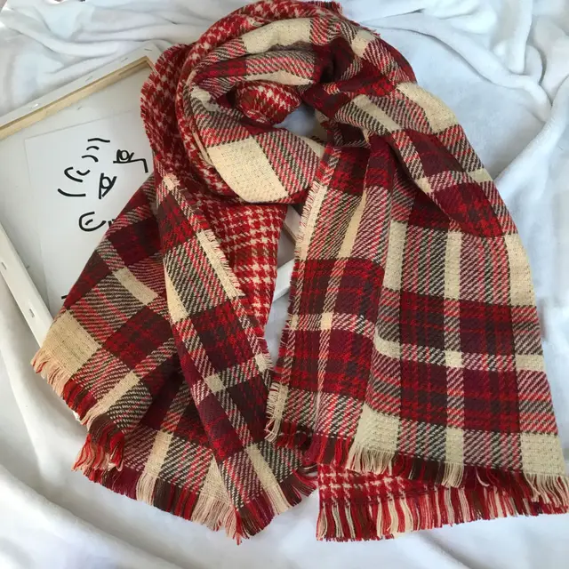 Retro Englon Plaid Tassel Scarf Women's Autumn And Winter Double sided Cashmere Scarf Beige - Shop at LoveMi