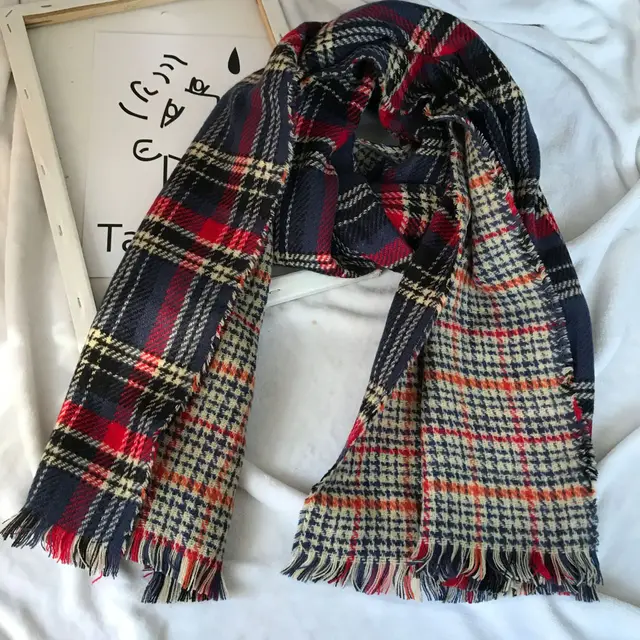 Retro Englon Plaid Tassel Scarf Women's Autumn And Winter Double sided Cashmere Scarf Blue - Shop at LoveMi