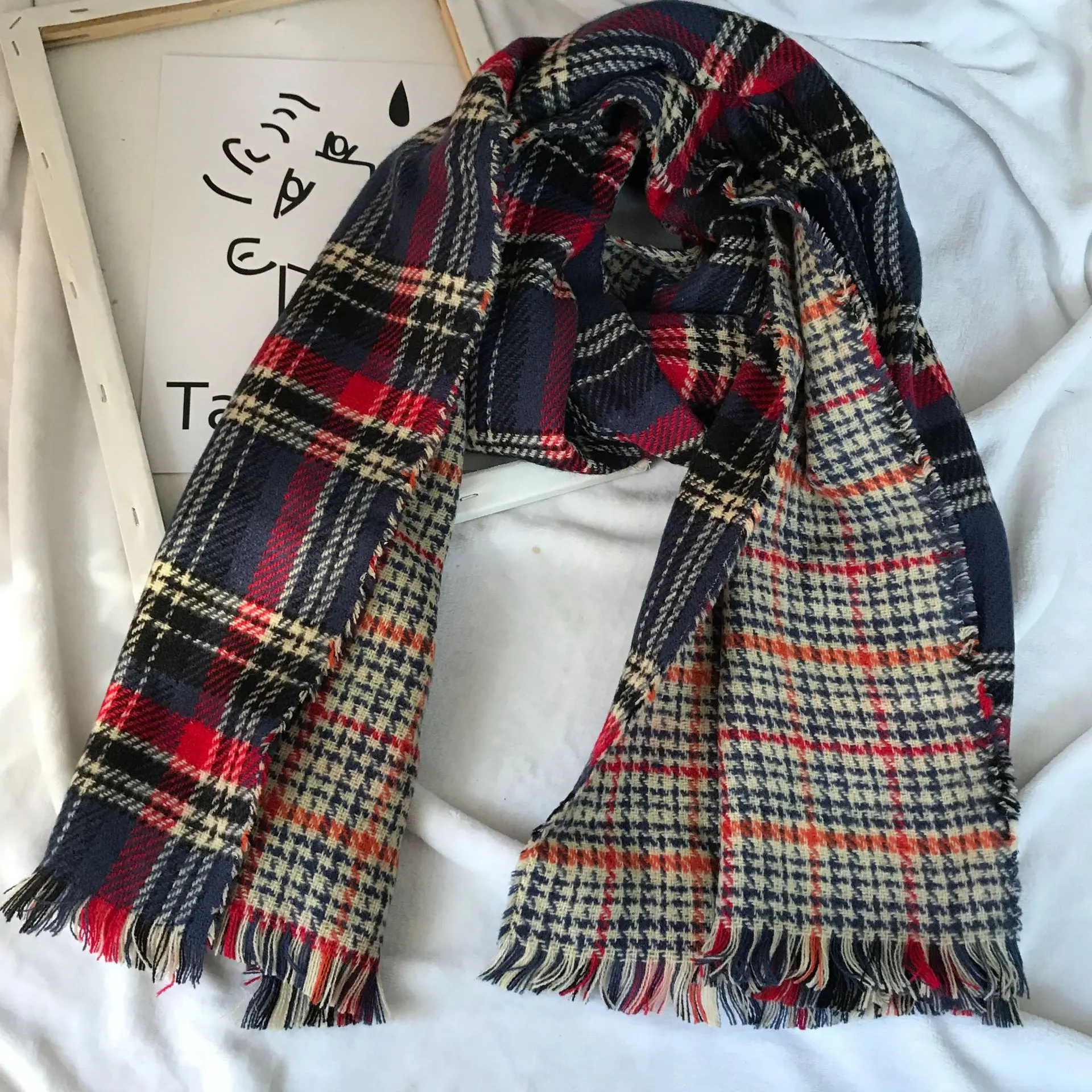 Retro Englon Plaid Tassel Scarf Women's Autumn And Winter Double-sided Cashmere Scarf - Blue