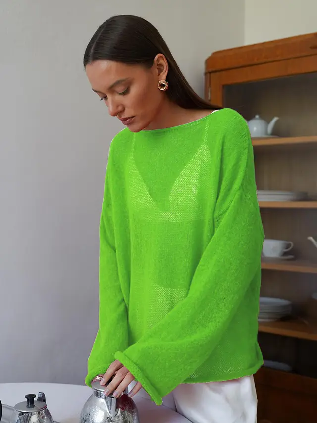 Hollow Sweater Thin Scoop Bell Sleeve Women Grass Green - Shop at LoveMi