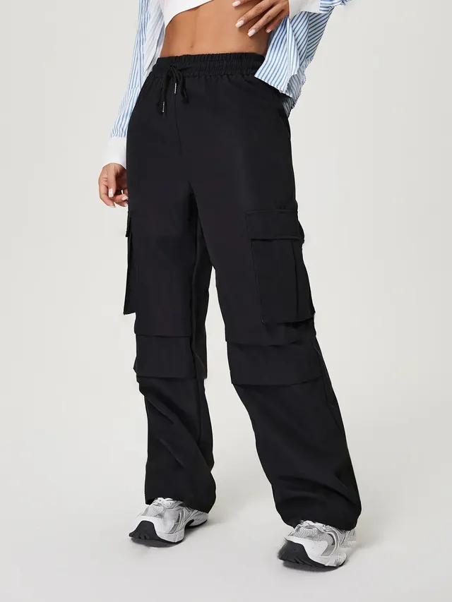 Women's Three dimensional Pocket Elastic Waist Overalls Casual Trousers Black - Shop at LoveMi