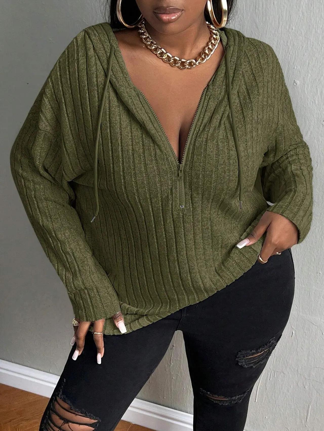 Women's Fashion Personalized Hooded Zipper Top - Army Green
