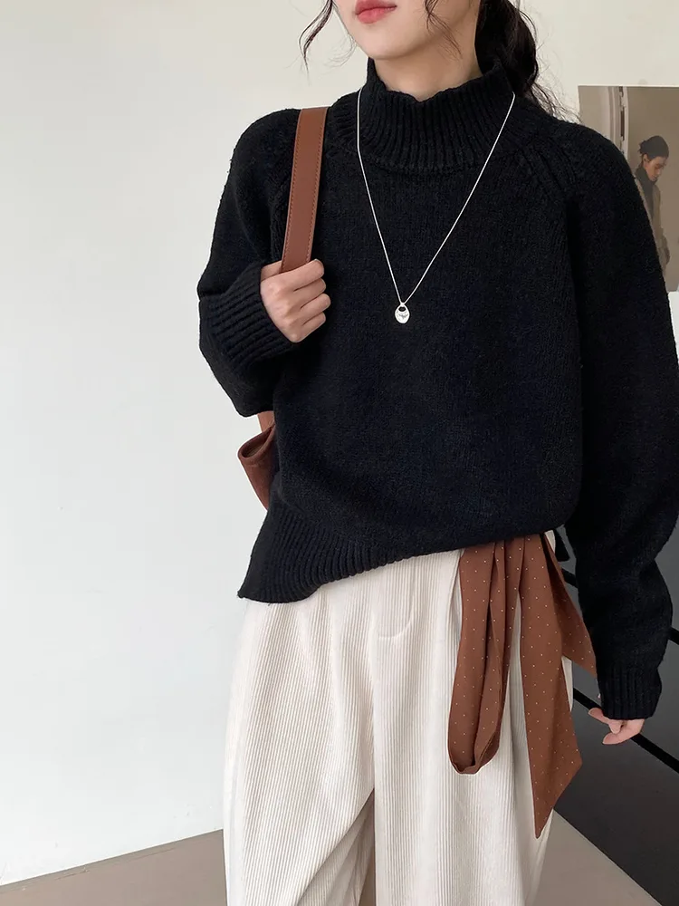 Autumn And Winter Solid Color Half Turtleneck Split Sweater Black - Shop at LoveMi