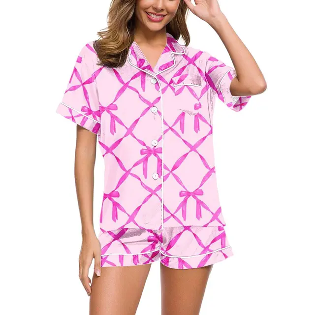 Digital Printing Can Be Outerwear Short sleeved Shorts Suit Women 21 Bowknot Pink Grid - Shop at LoveMi