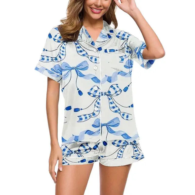 Digital Printing Can Be Outerwear Short sleeved Shorts Suit Women 23 Light Blue Bow - Shop at LoveMi