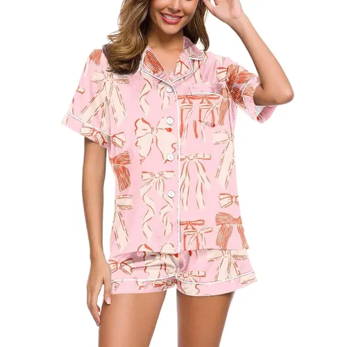 Digital Printing Can Be Outerwear Short sleeved Shorts Suit Women 24 Light Pink Bow - Shop at LoveMi