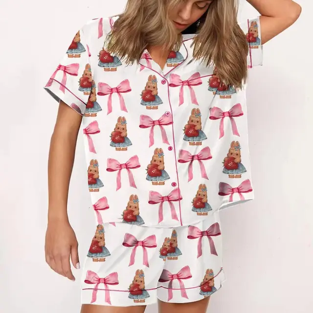 Digital Printing Can Be Outerwear Short sleeved Shorts Suit Women 5 Bow Strawberry Bear - Shop at LoveMi