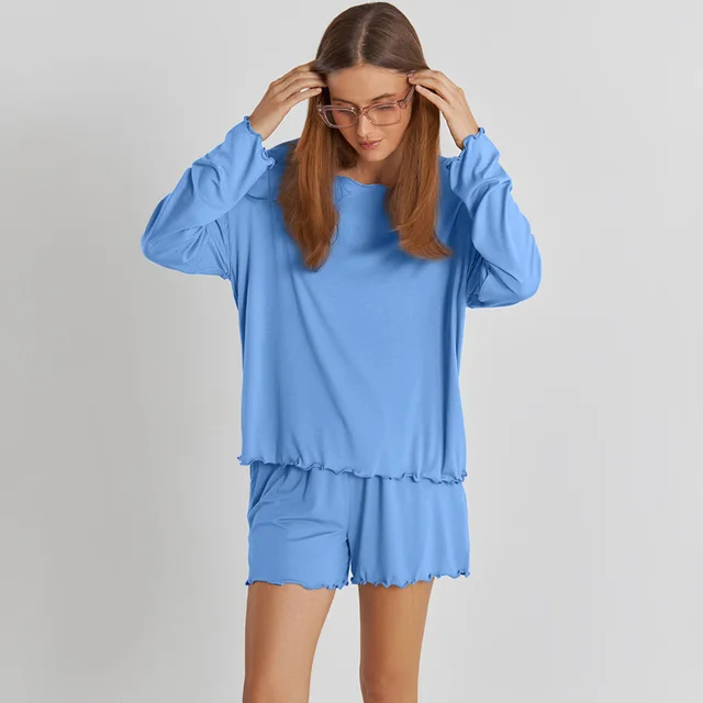 Modal Pajamas Long Sleeve Shorts Two piece Set Blue - Shop at LoveMi