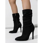 New Style Natural Wrinkle Stiletto Pointed Toe Fashion All-match Street Middle Boots - Black
