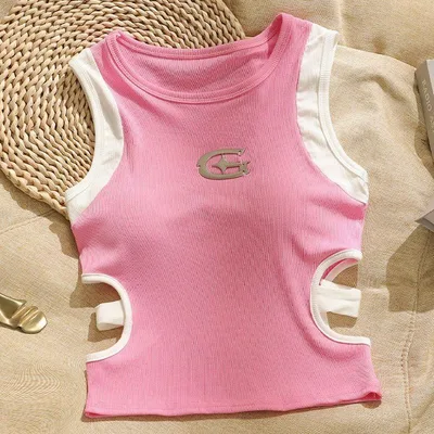 Design Sense Midriff Outfit Sleeveless Vest Slim Top For Women 347 Pink - Shop at LoveMi