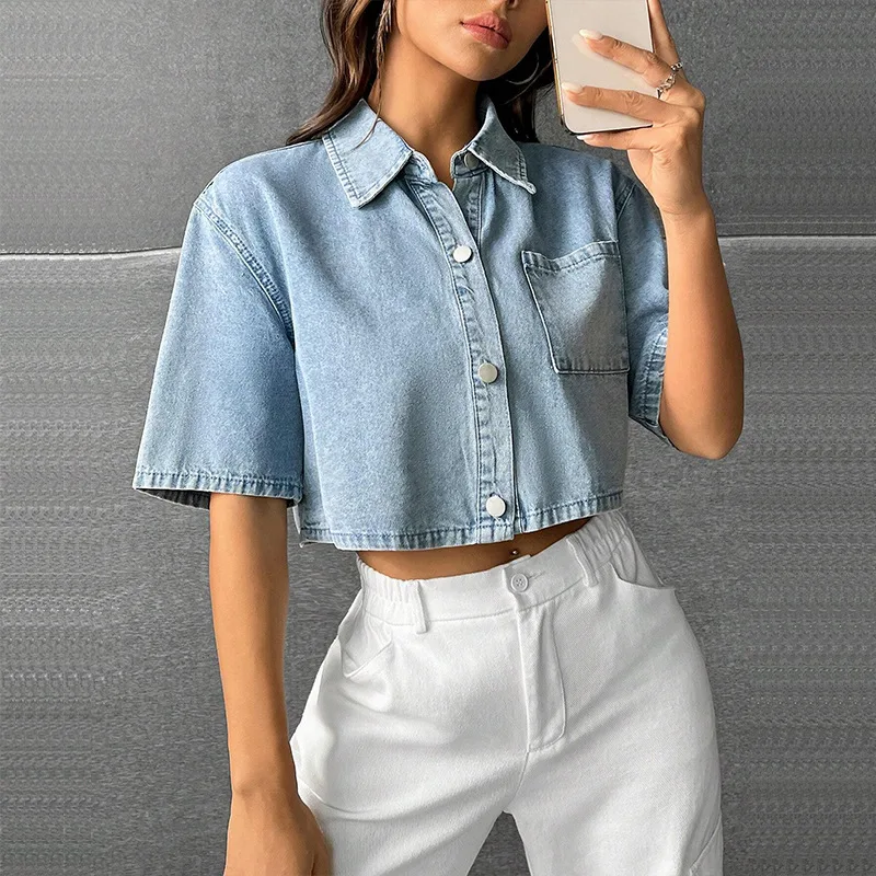 Fashion Thin Denim Small Waistcoat Short Sleeve Shirt - Light Blue