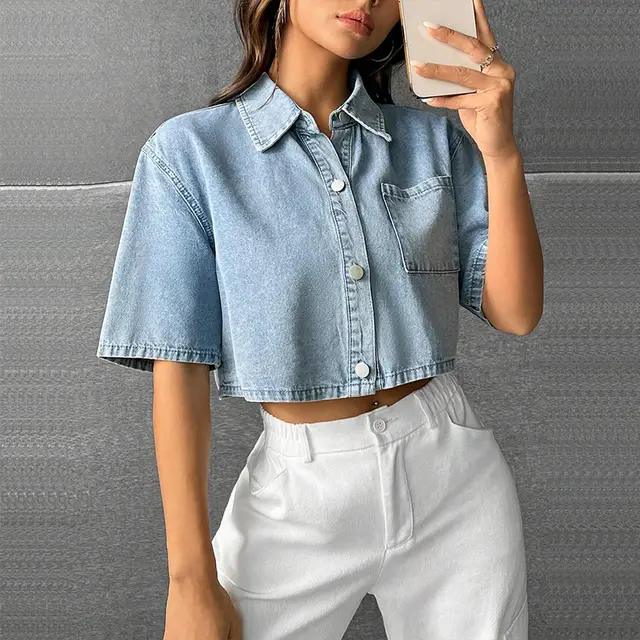 Fashion Thin Denim Small Waistcoat Short Sleeve Shirt Light Blue - Shop at LoveMi