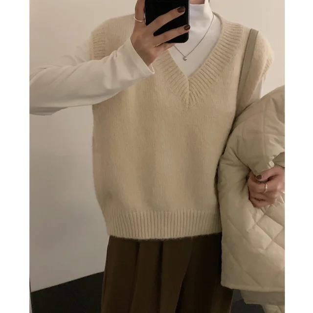 V neck Knitted Vest Women's Autumn And Winter Idle Style Bandage Dress Pullover Bottoming Sweater Beige - Shop at LoveMi