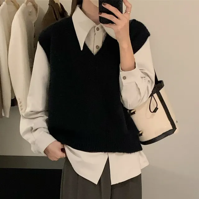 V neck Knitted Vest Women's Autumn And Winter Idle Style Bandage Dress Pullover Bottoming Sweater Black - Shop at LoveMi