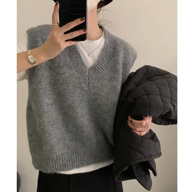 V neck Knitted Vest Women's Autumn And Winter Idle Style Bandage Dress Pullover Bottoming Sweater Gray - Shop at LoveMi